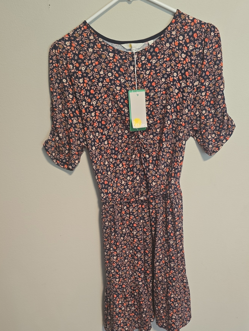 Boden Navy Floral Mini Dress with Coral Accents